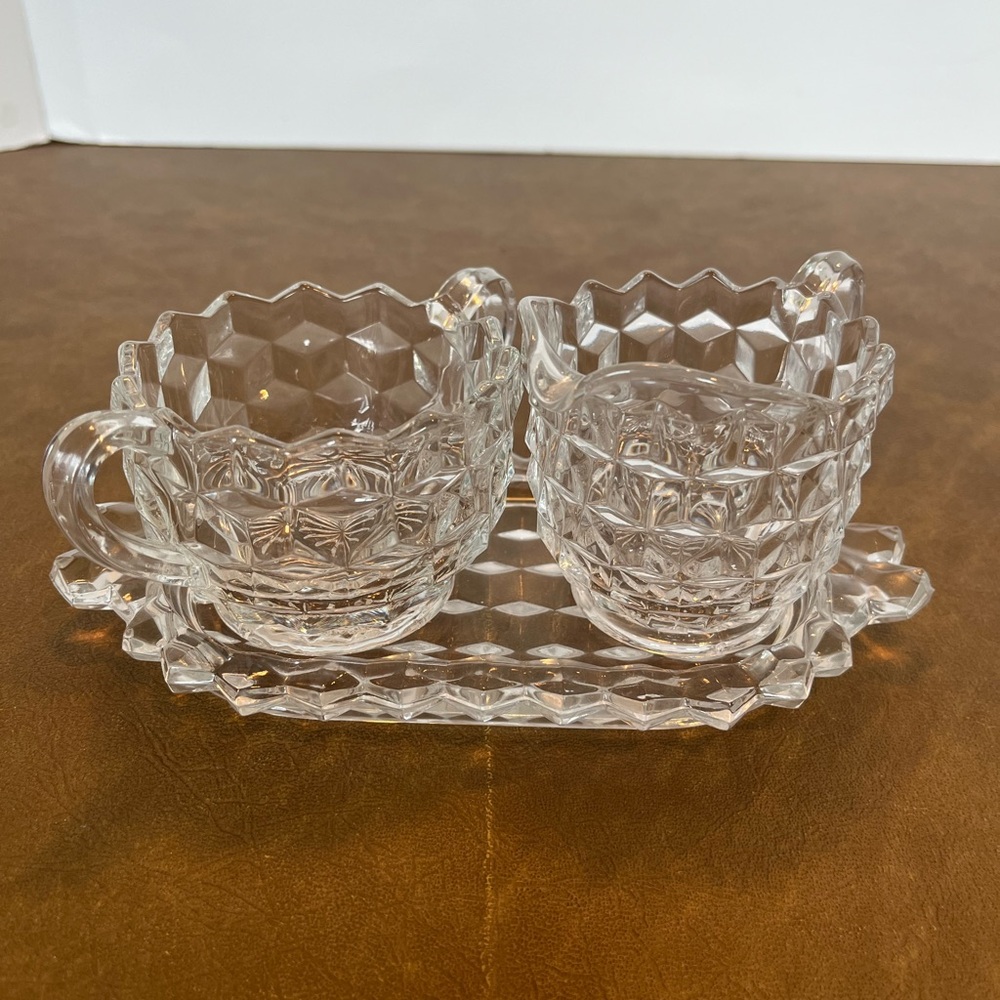 Fostoria American Cube Pattern 3-Piece Set Sugar Bowl and Creamer with Tray